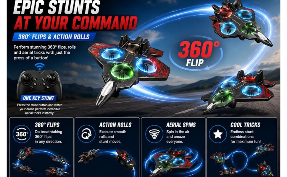 2-in-1 RC Jet Fighter & Mini Quadcopter Drone - 360° Stunt Flip, 2.4GHz Easy-to-Fly Remote Control Plane for Kids & Adults RC Fighter Jet transforming into quadcopter drone